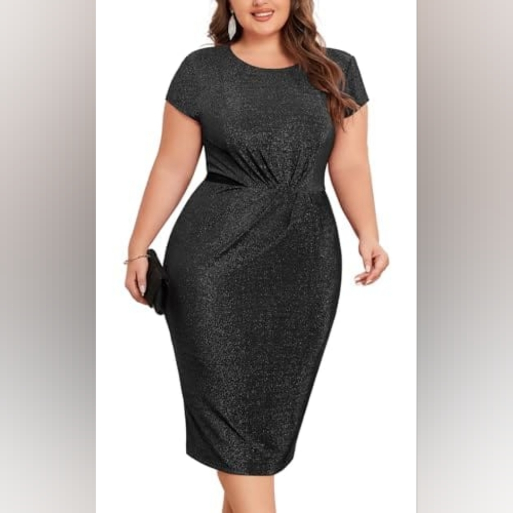 AOVDE Women's Plus Size Cocktail Dress Short Sleeve Glitter Bodycon Dress